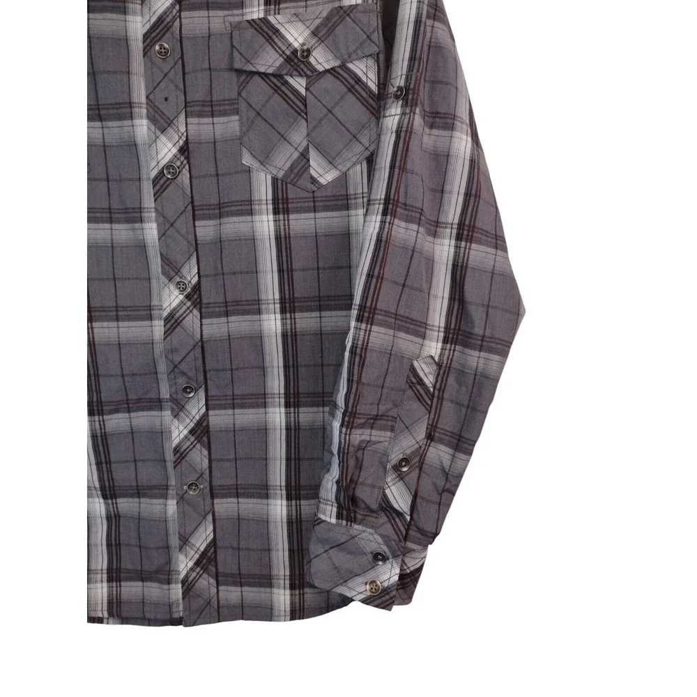 Rock & Republic Mens Medium Grey Plaid Western Roll Tab Sleeve Button Down Shirt